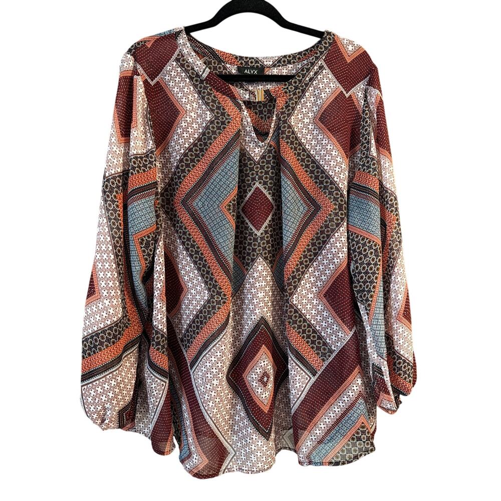 ALYX Women's Plus Size Earth Tone Brown Orange Cream Keyhole Blouse Size 3X